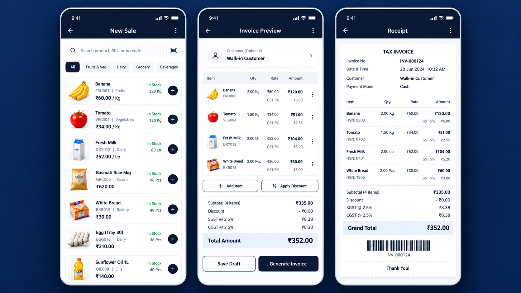 Billing screens showing a new sale, invoice preview and receipt