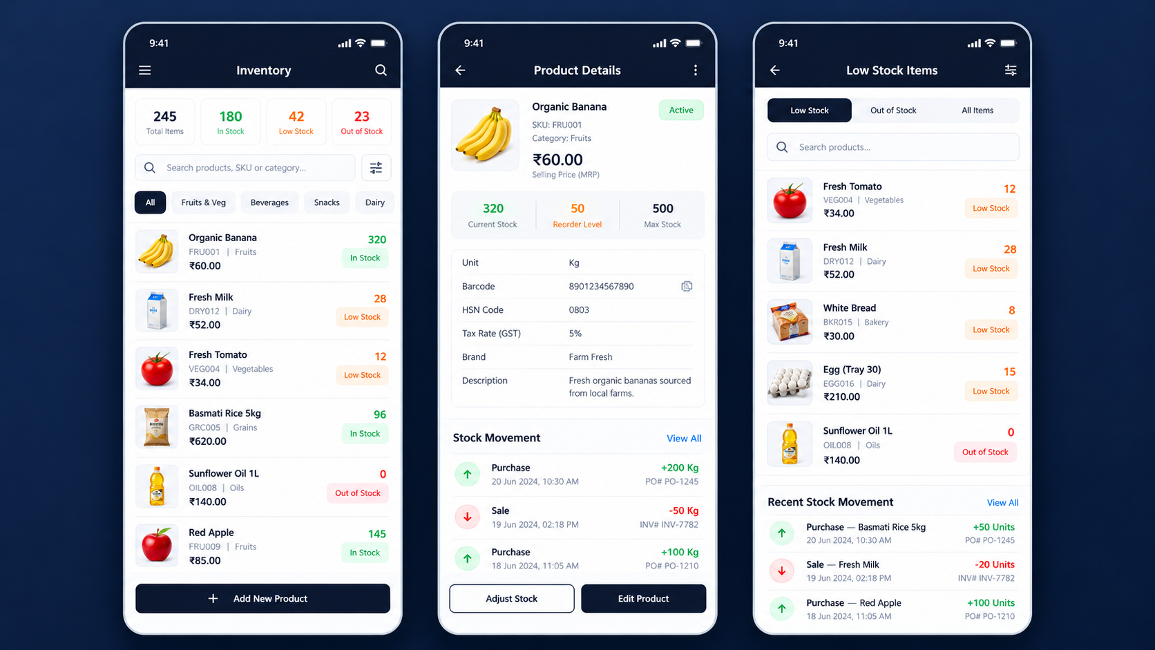 Inventory screens showing product list, details and low stock